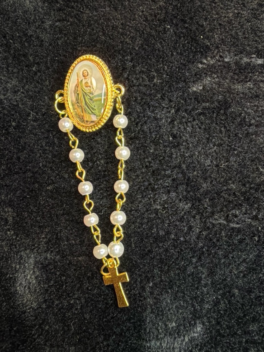 Gold-Tone Pearl Rosary Pendant with Saint Image